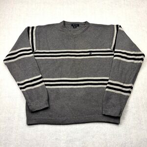 Nautica Sweater Mens Large Gray White Navy‎ Striped V-Neck Cotton Long Sleeve